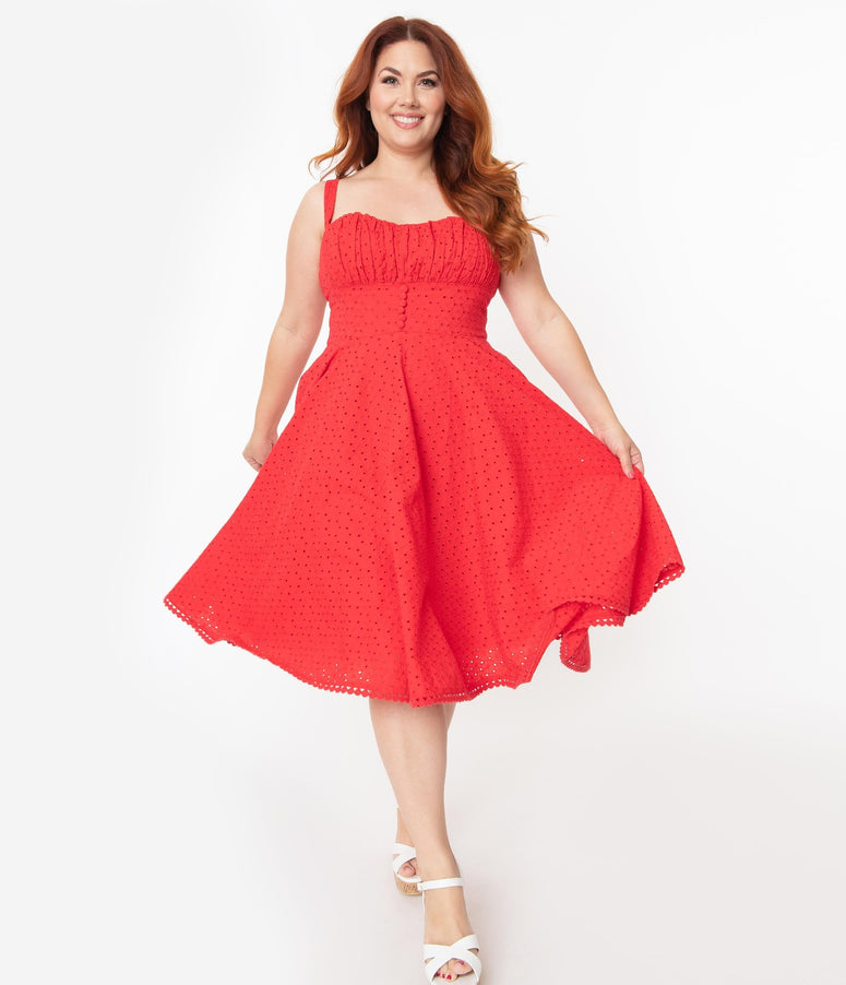 Plus Size Vintage Style Red Floral Eyelet Valerie Swing Dress