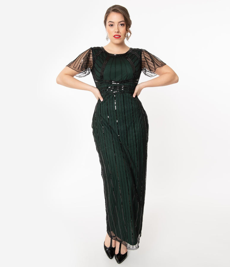 acwashingmachines 1920s Emerald & Black Sequin Tess Flapper Gown