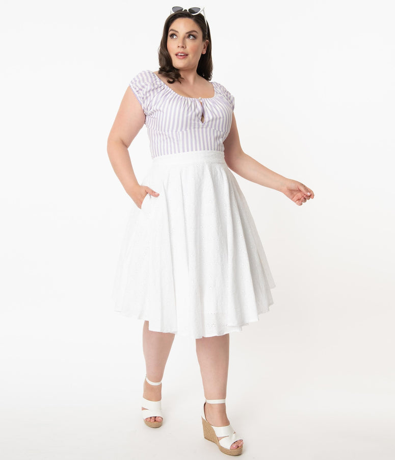 1950s Plus Size White Floral Eyelet Angelina Cotton Swing Skirt