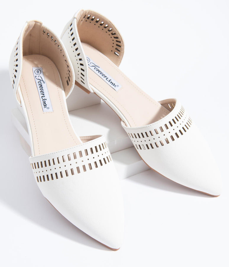 White Cutout Leatherette Pointed Toe Flats