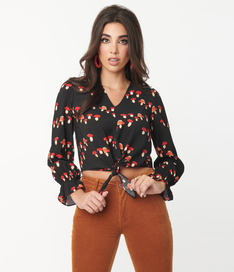 Black & Red Mushroom Print Tie Crop Top