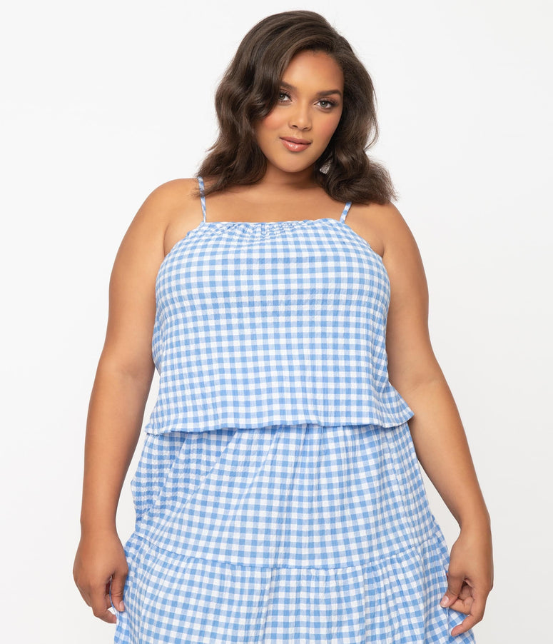 1970s Plus Size Retro Style Blue & White Gingham Crop Top