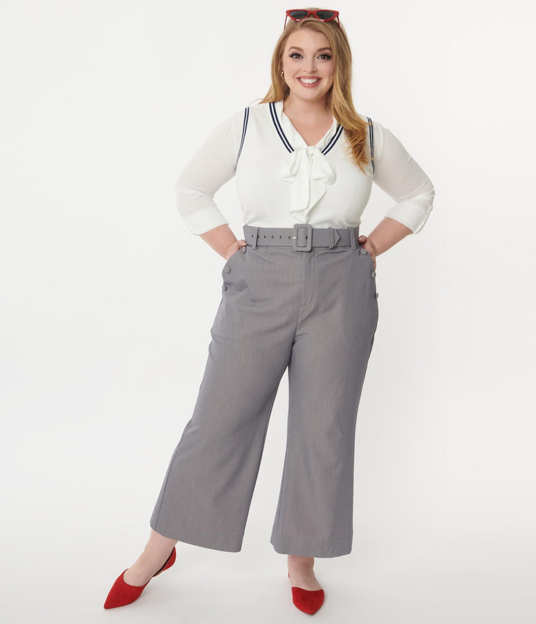 Unique Vintage Plus Size Grey Belted High Waist Katharine Pants