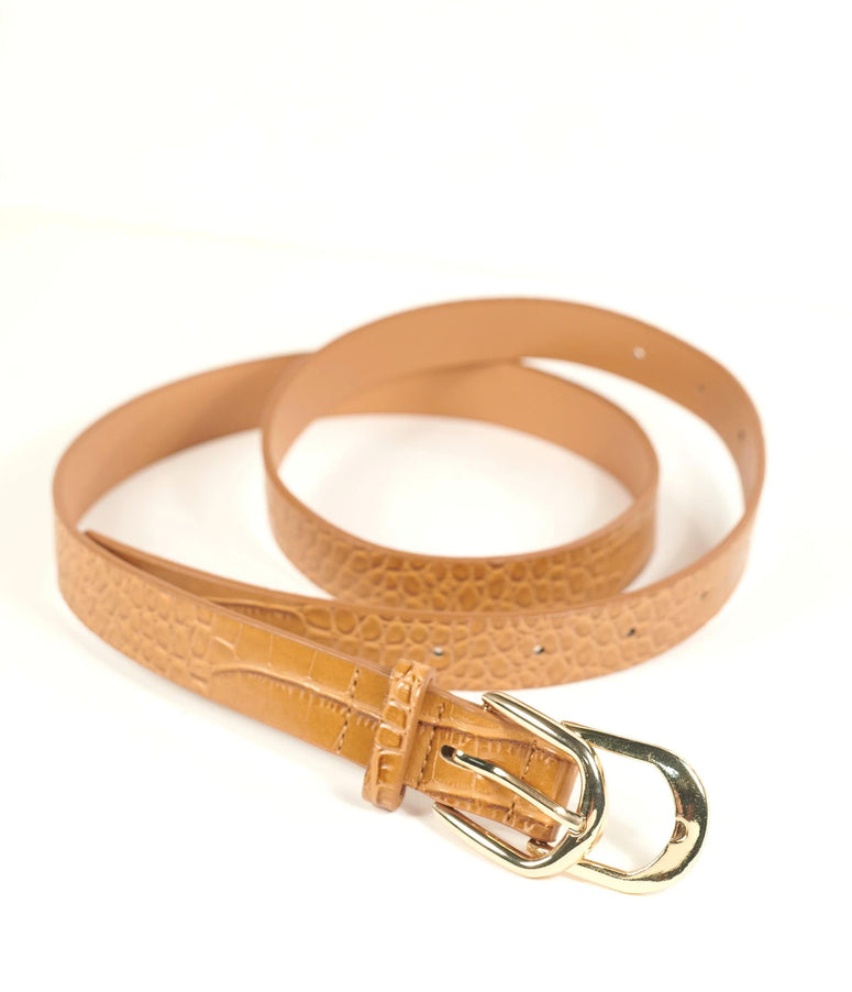 Tan Crocodile Leatherette Double Buckle Belt