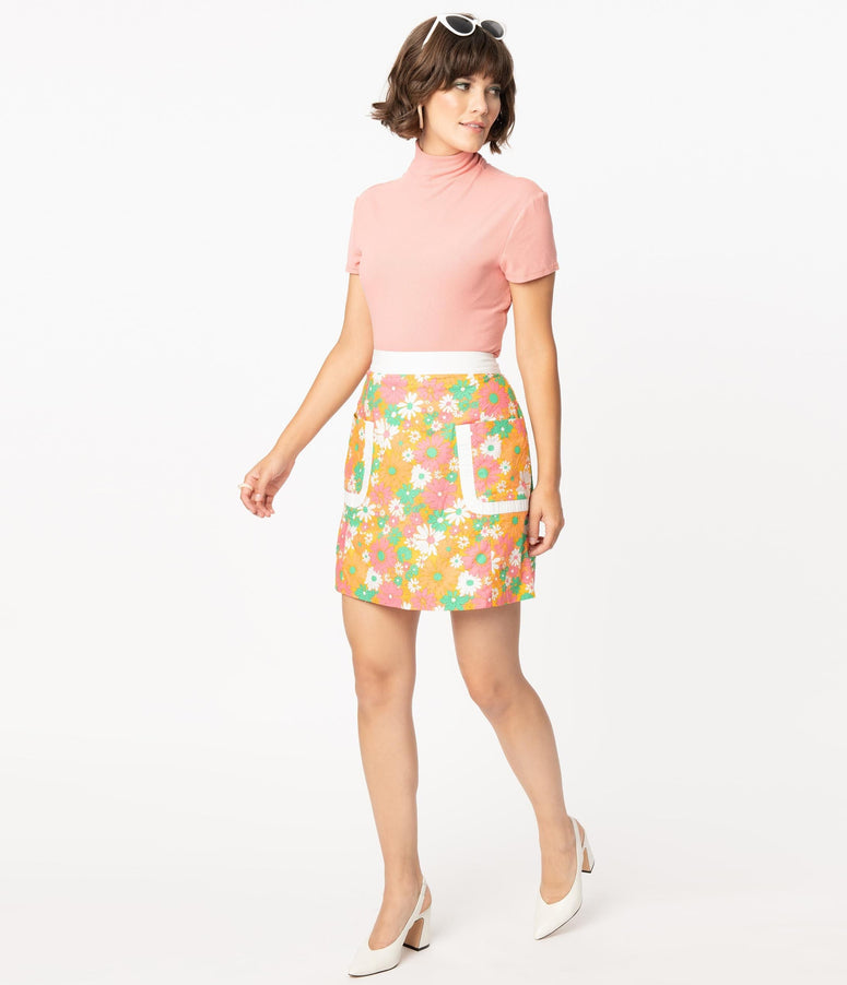 1960s Smak Parlour Mustard & Pink Daisy Print Walk The Walk Mini Skirt