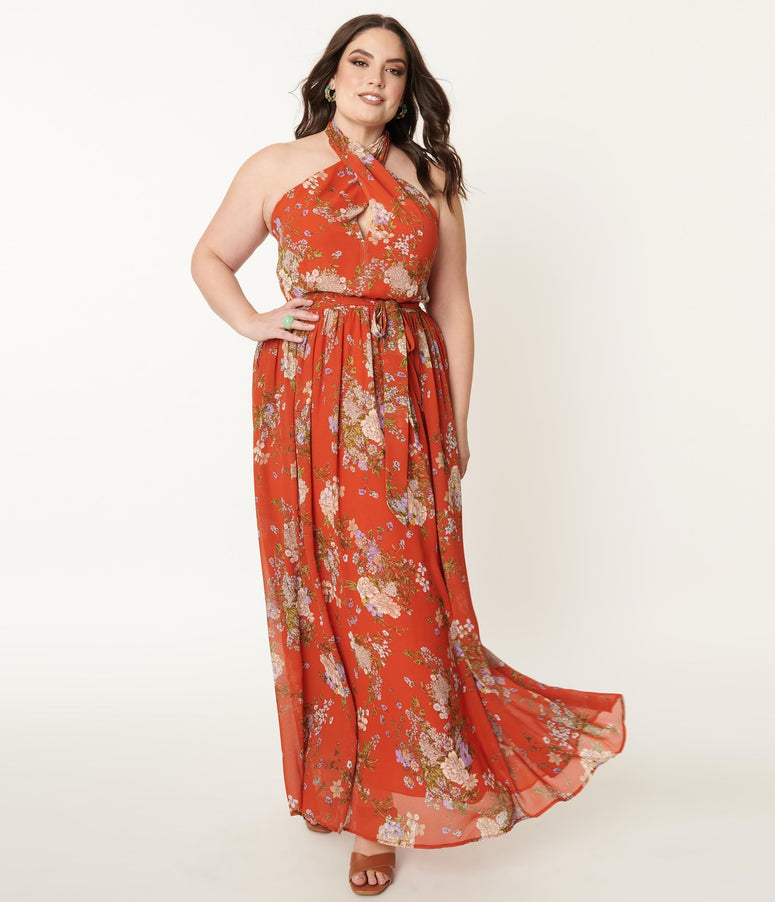 1970s Smak Parlour Plus Size Rust & Floral Budding Romance Maxi Dress