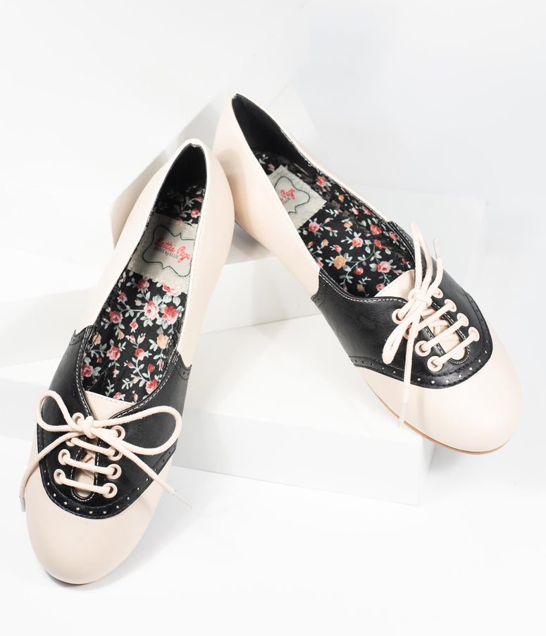 Bettie Page Retro Cream & Black Halle Oxford Saddle Shoes