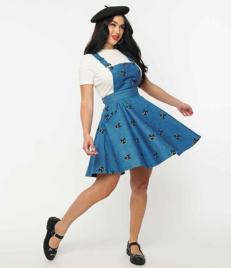 acwashingmachines 1950s Blue Denim & Cats Brionne Pinafore Skirt