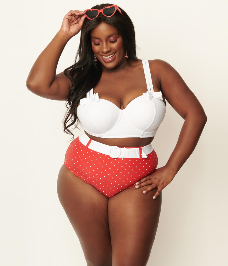 acwashingmachines Plus Size Red & White Pin Dot Belted Redondo Swim Bottoms