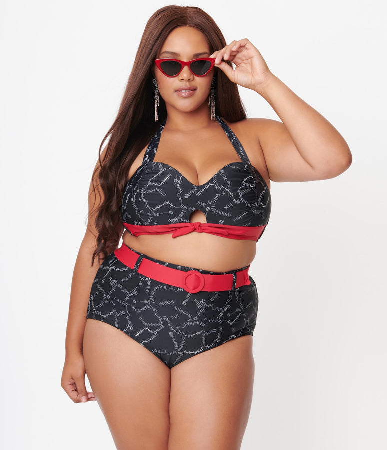 acwashingmachines Plus Size Black Spooky Stitches Belted Redondo Swim Bottoms