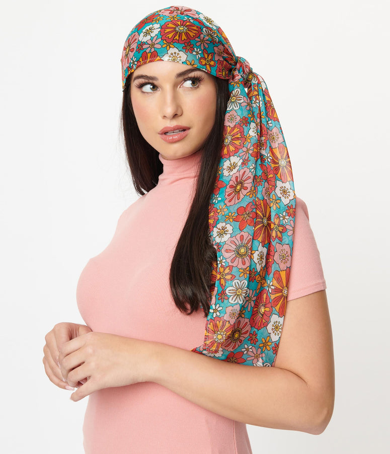 Smak Parlour Turquoise & Pink Floral Long Hair Scarf