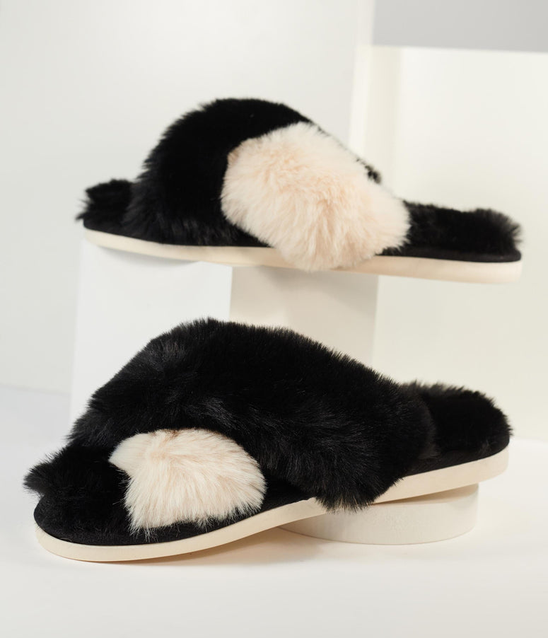 Black & Ivory Fuzzy Cross Strap Slippers