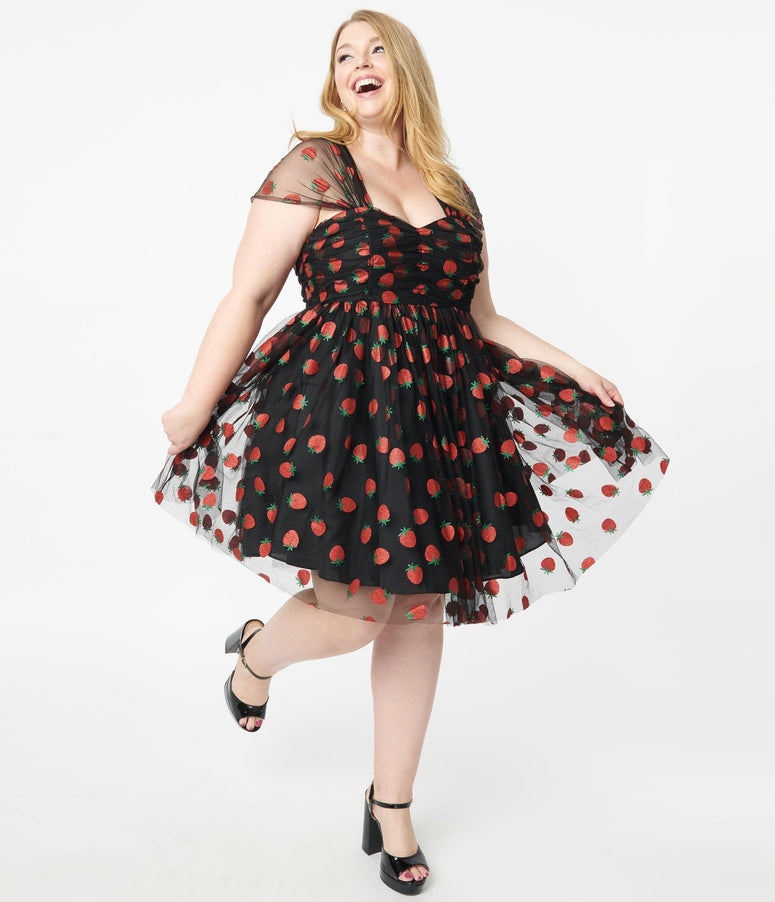 1960s acwashingmachines Plus Size Black & Glitter Strawberry Print Heart & Soul Babydoll Dress