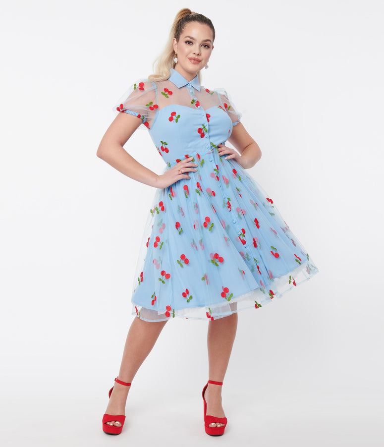 Unique Vintage Blue & Red Embroidered Cherry Hollie Swing Dress