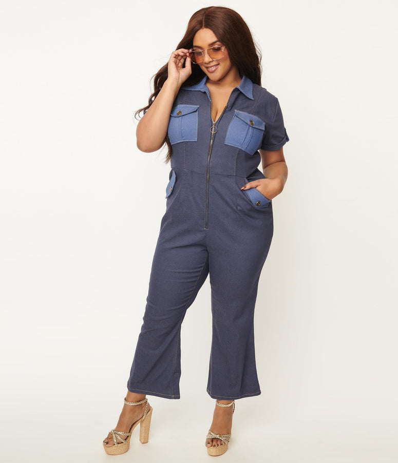 1970s acwashingmachines Plus Size Blue Denim Cargo Jumpsuit