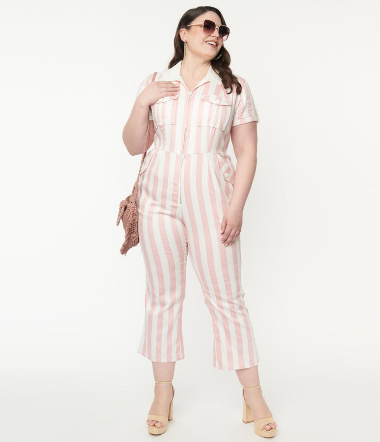 1970s acwashingmachines Plus Size Pink & White Striped Cargo Jumpsuit