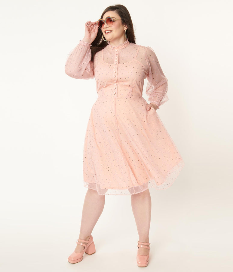 Unique Vintage Plus Size Peach & Rainbow Dot Leota Swing Dress