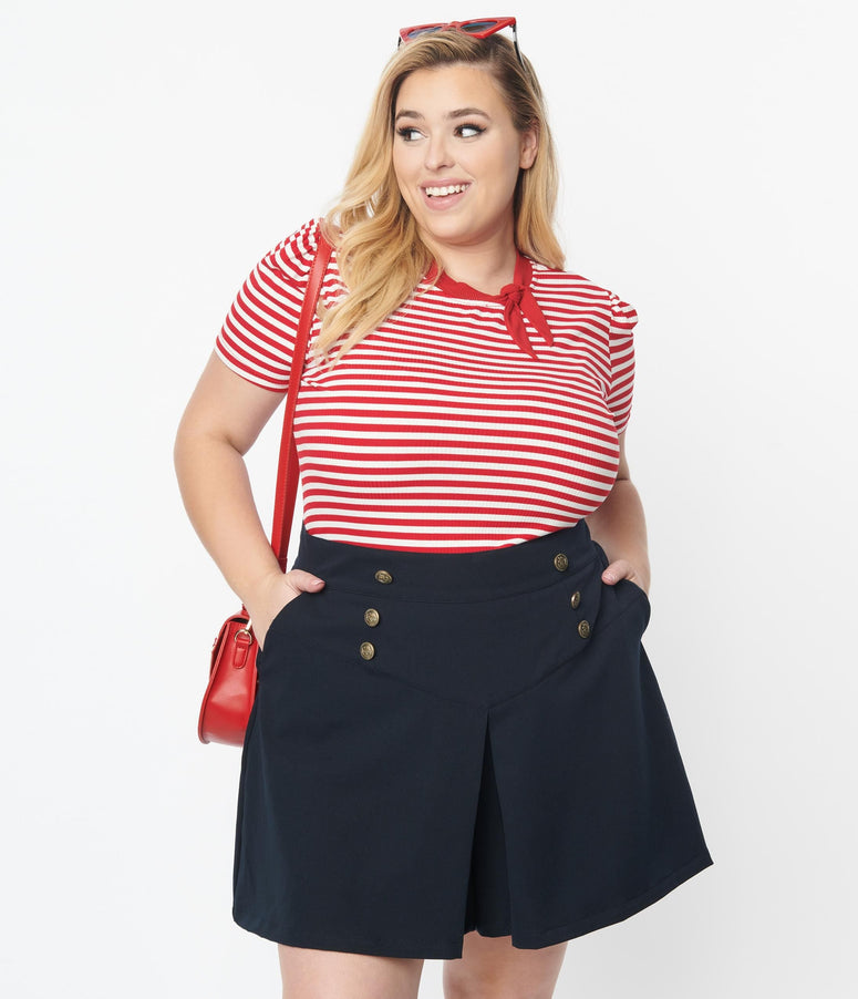 acwashingmachines Plus Size 1950s Red & White Stripe Bow Sweetie Knit Top