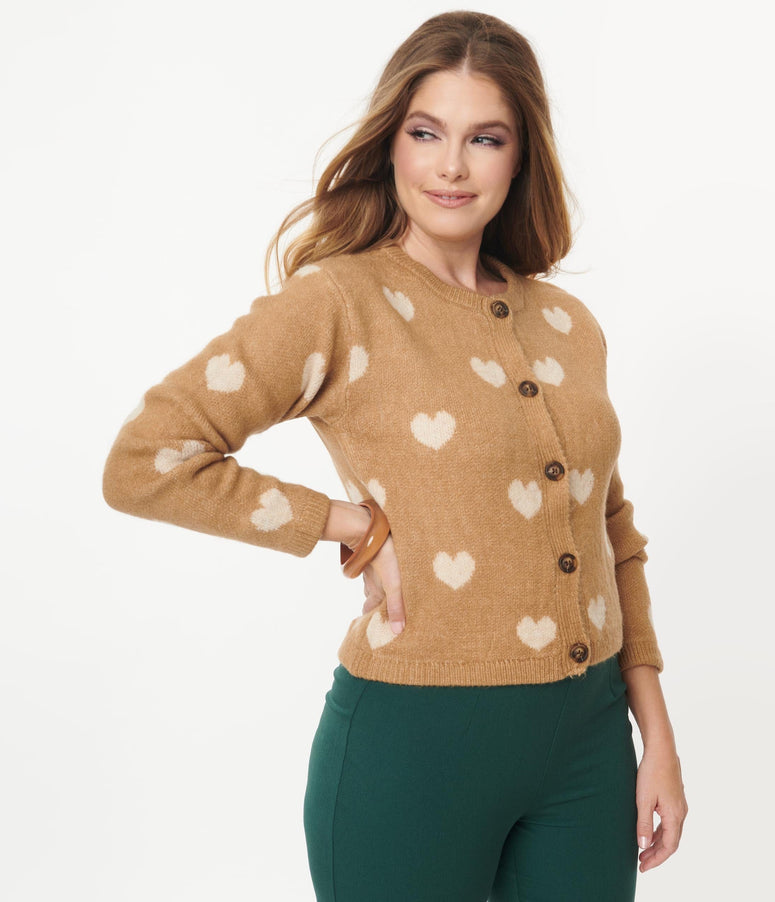 Tan & Cream Heart Button Down Cardigan