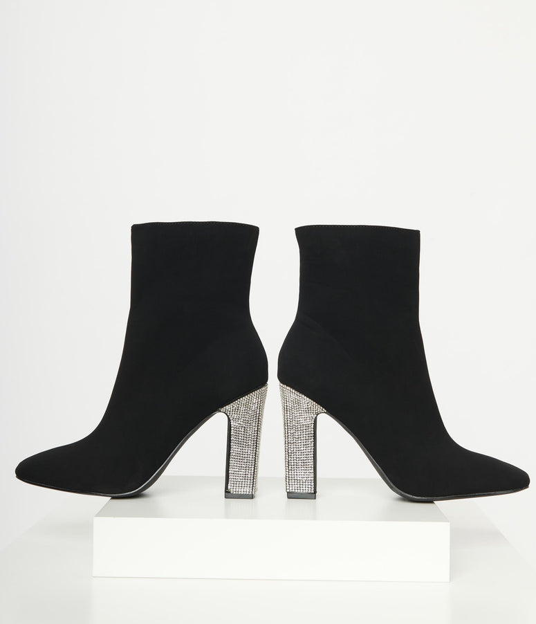 Black Suede & Rhinestone Heel Ankle Boots