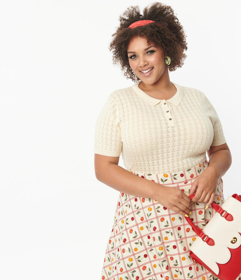Plus Size Cream Perforated Anchors Up Sweater Top