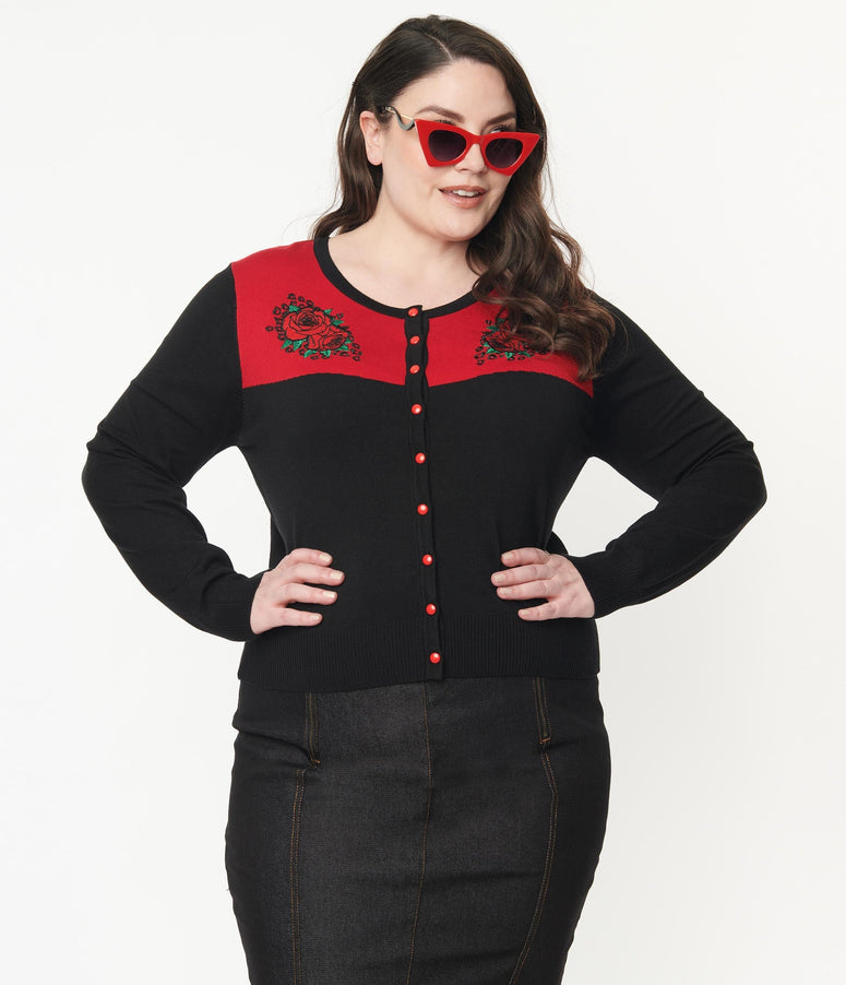 Plus Size Black & Red Spanish Rose Cardigan