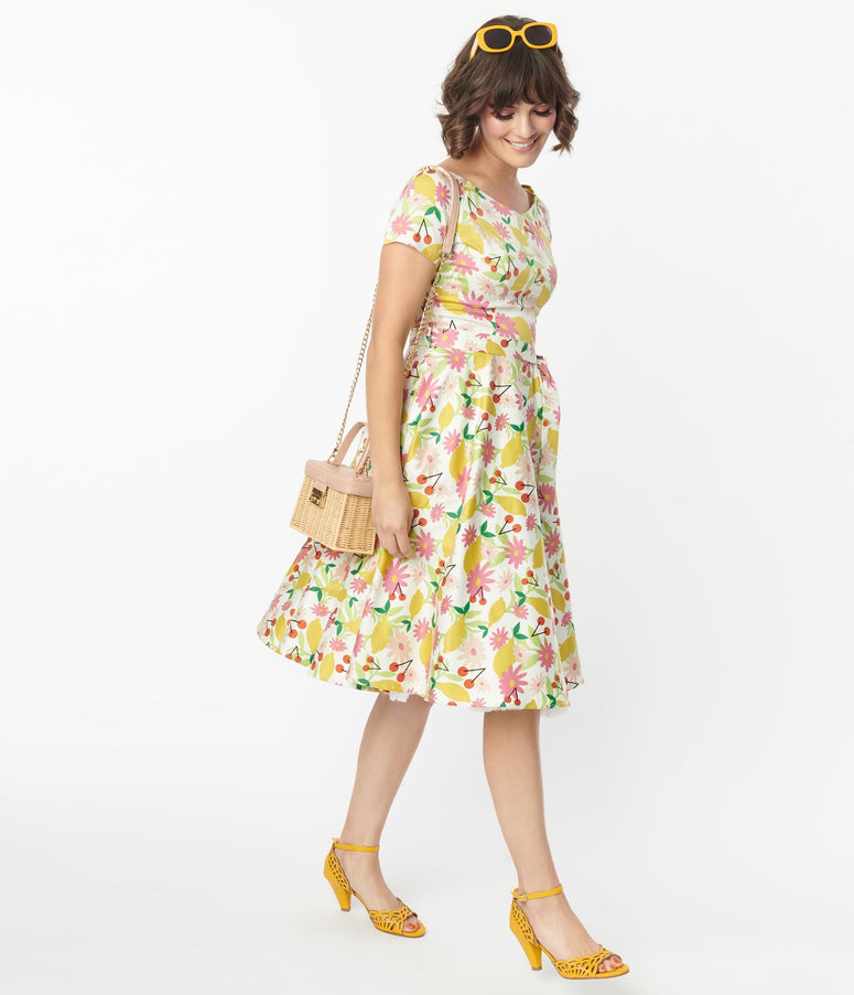 1950s Lemon & Cherry Floral Print Bella Swing Dress