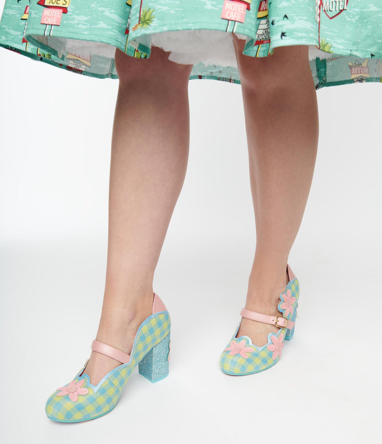 1960s Irregular Choice Green Gingham & Pink Flower Heels