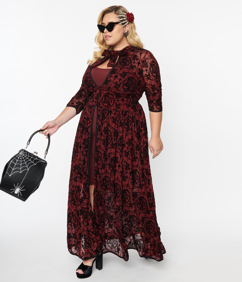 acwashingmachines Plus Size 1950s Burgundy & Black La Catrina Velvet Burnout Tallullah Duster