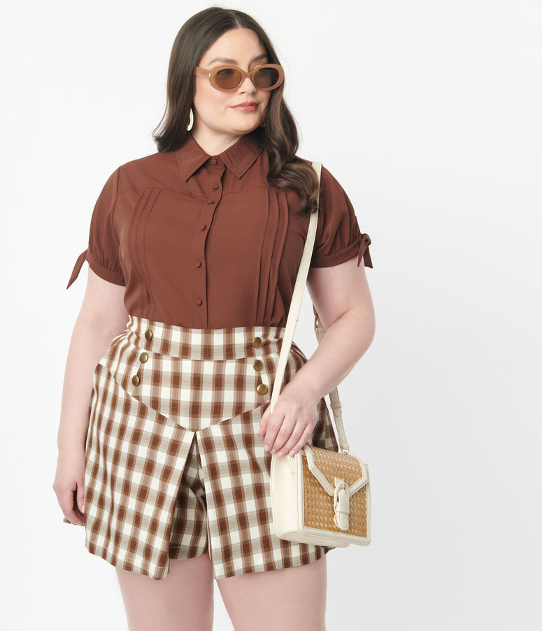 1940s acwashingmachines Plus Size Brown Plaid Sailor Sweeney Shorts