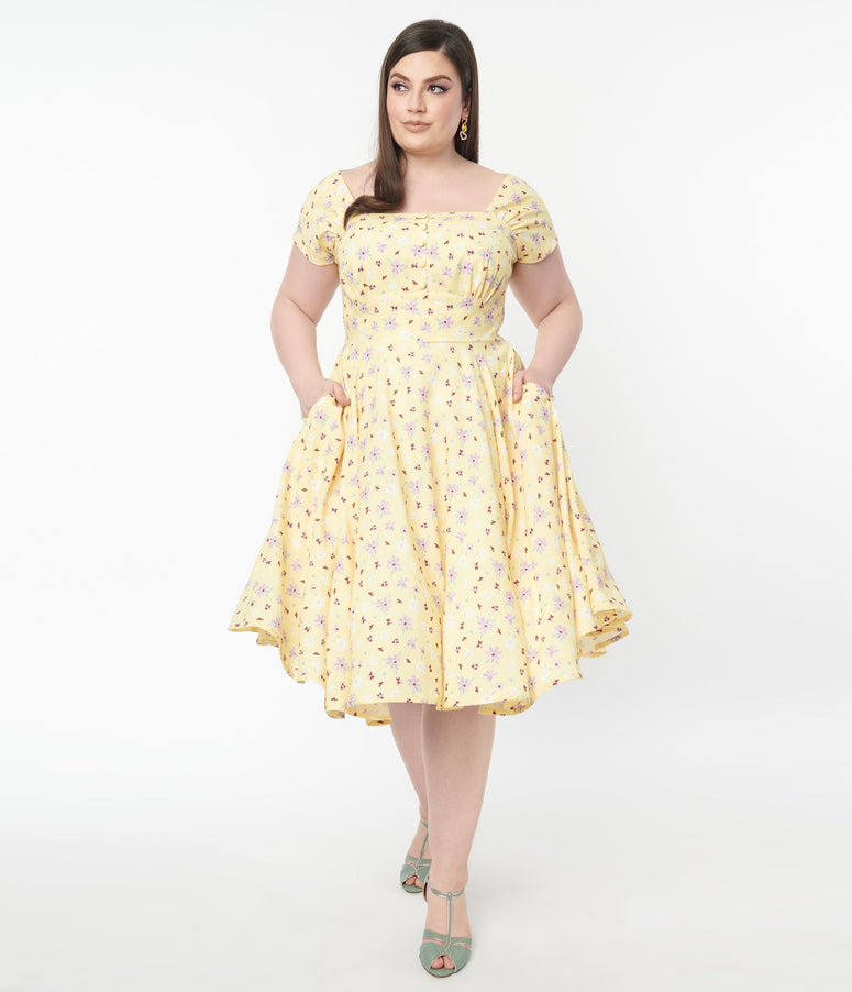 Plus Size Yellow & Purple Floral Print Swing Dress