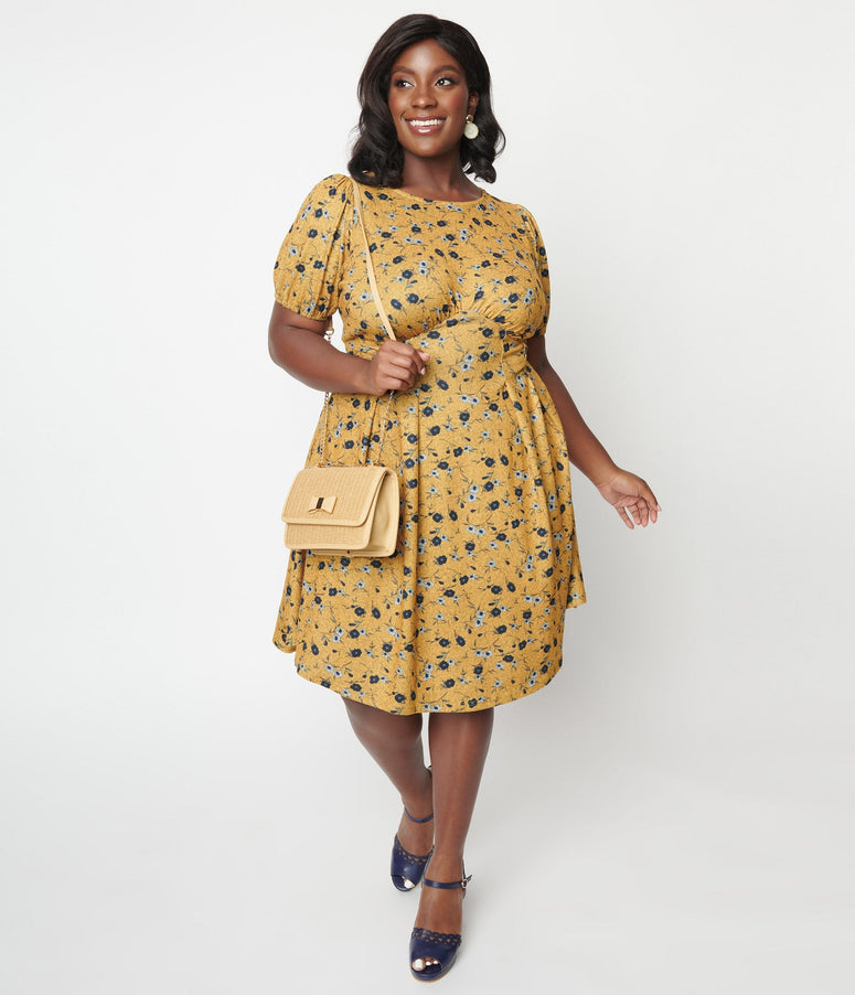 acwashingmachines Plus Size Mustard & Navy Floral Flare Dress