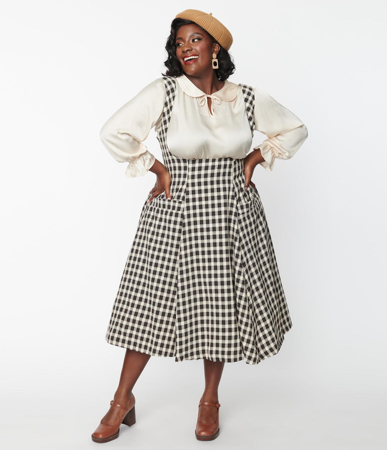 acwashingmachines Plus Size Tan & Black Plaid Suspender Amma Swing Skirt