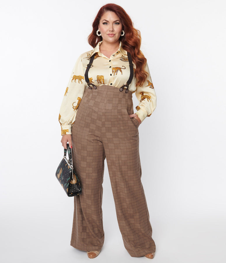 acwashingmachines Plus Size Brown Windowpane Plaid Suspender Pants