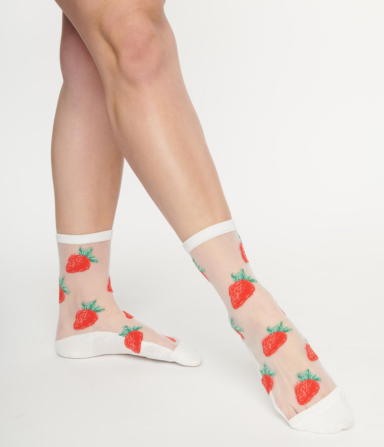 White & Red Strawberry Sheer Crew Socks