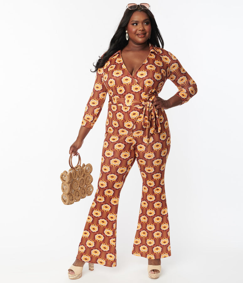 acwashingmachines Plus Size Rust Orange & Yellow Daisy Daze Print Jumpsuit