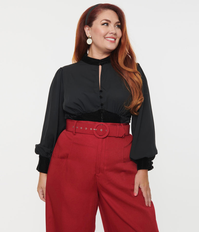 acwashingmachines Plus Size Black Chiffon & Corduroy Keyhole Button Waist Blouse