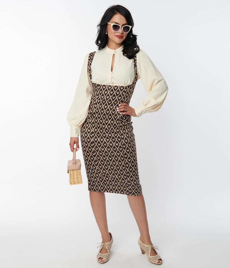 acwashingmachines Brown Argyle Hearts Fontaine Suspender Pencil Skirt