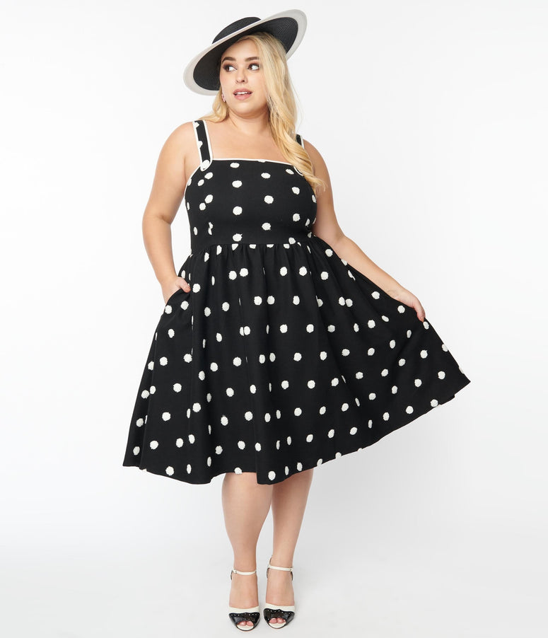 acwashingmachines Plus Size Black & Ivory Flocked Polka Dot Pinafore Swing Dress
