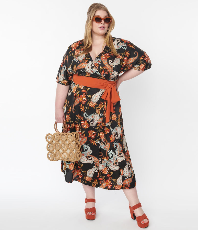 acwashingmachines Plus Size Black & Rust Paisley Wrap Midi Dress