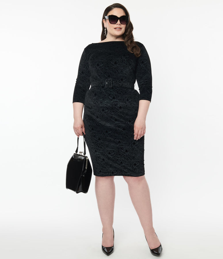 acwashingmachines Plus Size Black Tiger Embossed Velvet Jaqueline Pencil Dress