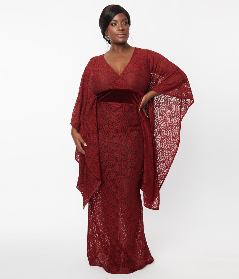 acwashingmachines Plus Size Burgundy Floral Lace Desmond Caftan Dress