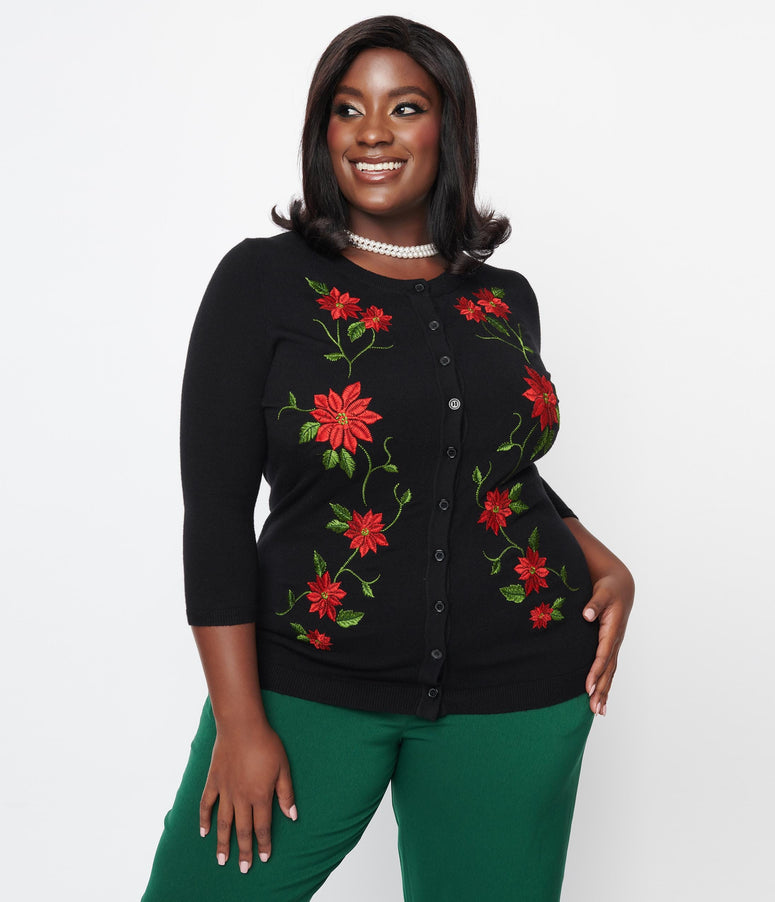 acwashingmachines Plus Size Black & Red Embroidered Poinsettia Bookworm Cardigan