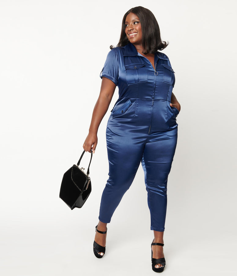 acwashingmachines Plus Size Navy Blue Satin Cargo Jumpsuit