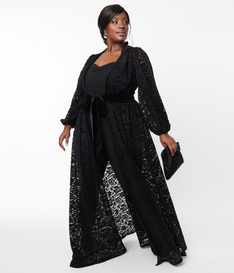 acwashingmachines Plus Size Black Black Flocked Lace Hollywood Duster