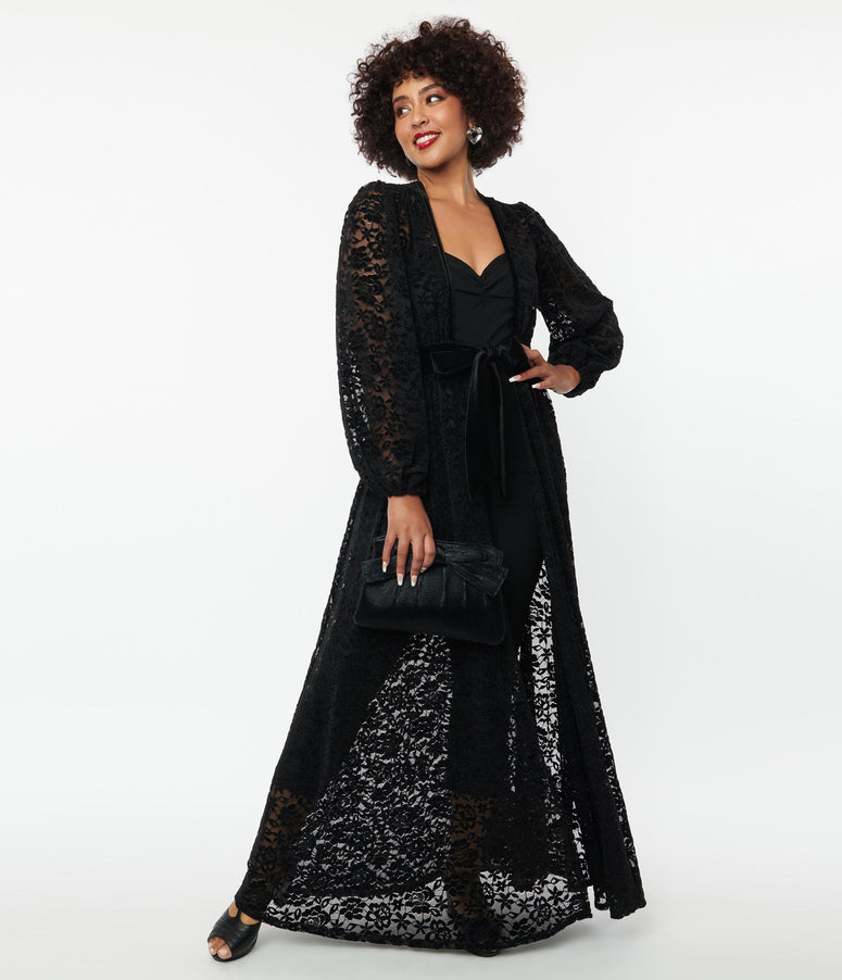 acwashingmachines Black Flocked Lace Hollywood Duster