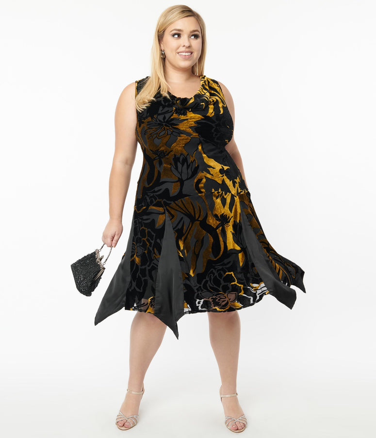 acwashingmachines Plus Size 1920s Black & Gold Velvet Floral Burnout Hemingway Flapper Dress
