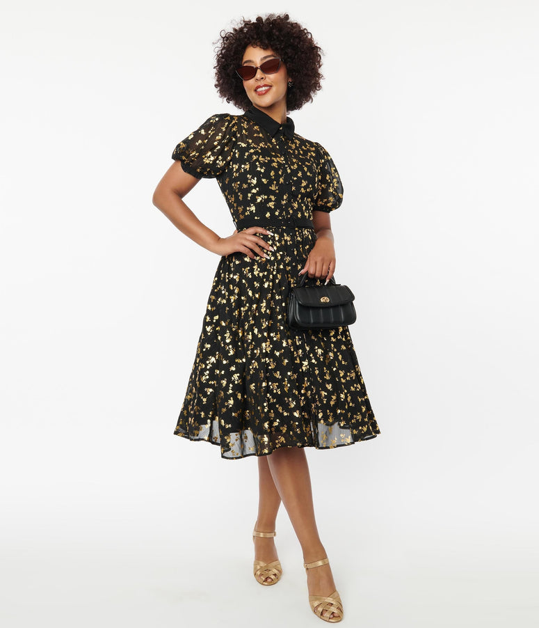 acwashingmachines Black & Gold Foil Floral Hollie Swing Dress