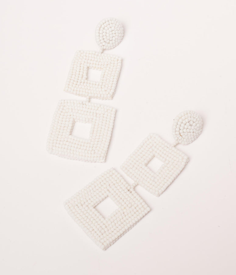 White Bead Square Drop Earrings