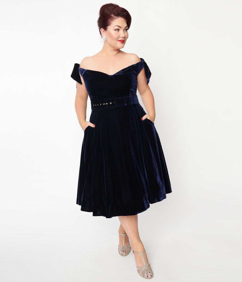 acwashingmachines Plus Size Navy Velvet Prairie Swing Dress